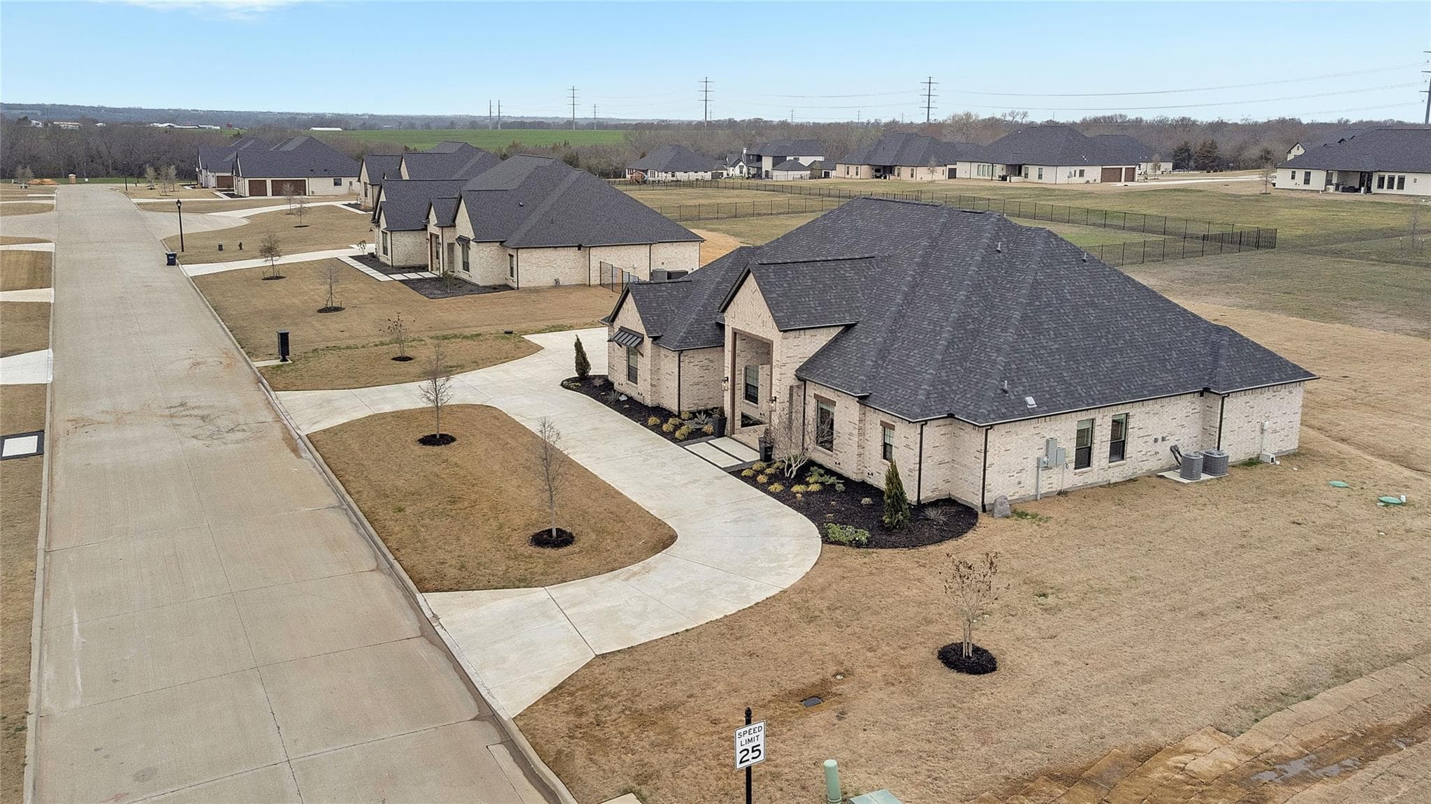 Aerial of custom homes along community street